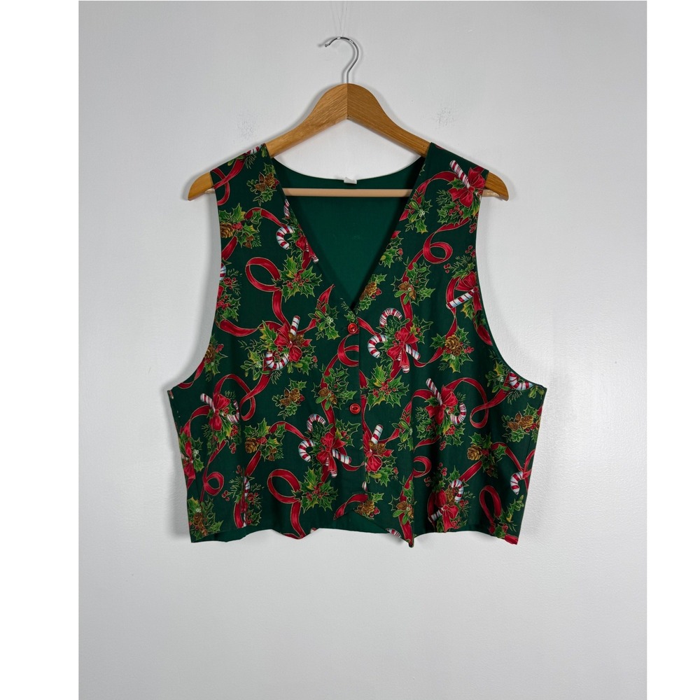 Holiday Unbranded Womens L Vest Green Candy Cane Holly Ribbon Button Front